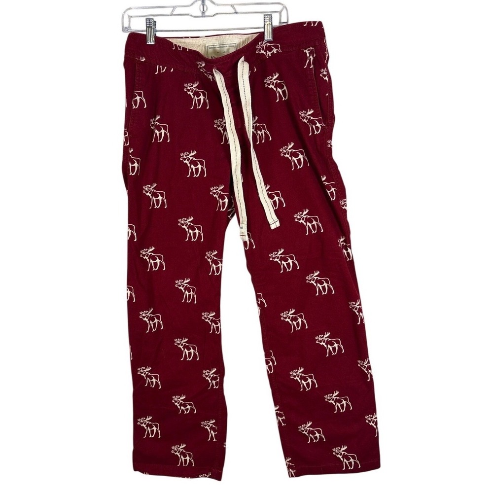 Abercrombie & Fitch Mens Pajama Pants Small Burgundy Red Moose Print Cotton PJ